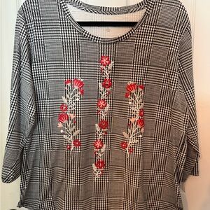 Rebecca Malone Black and White Plaid Top with Red Floral Accents
